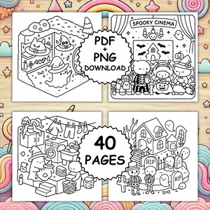 May include: Black and white Halloween-themed coloring book pages. The images include ghosts, witches, skeletons, and haunted houses. The text on the image says "PDF + PNG DOWNLOAD" and "40 PAGES".
