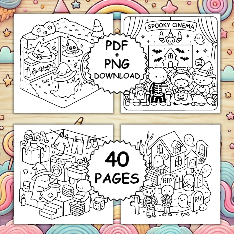 May include: Black and white Halloween-themed coloring book pages. The images include ghosts, witches, skeletons, and haunted houses. The text on the image says "PDF + PNG DOWNLOAD" and "40 PAGES".
