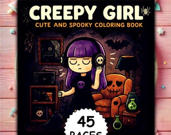 Kolorowanka "Straszna dziewczyna", Kawaii Halloween, Czarownicowa sztuka (do druku w formacie PDF + PNG)