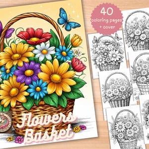 40 bloemenkleurplaten, bloemen kleurboek, bloemenmand kleuren, bloemenpagina in grijstinten, botanisch, lentepagina's voor volwassenen afdrukbaar