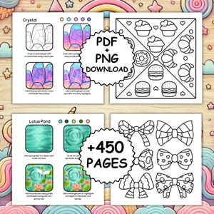 May include: A collection of printable coloring pages with various designs, including crystals, food items, bows, and a lotus pond. The image includes the text "PDF + PNG DOWNLOAD" and "+450 PAGES".