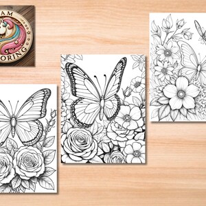 May include: Three black and white coloring pages featuring butterflies and flowers. Each page has a different butterfly and floral design.