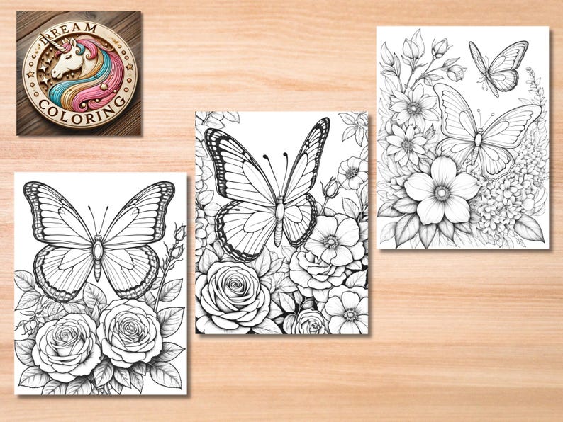 May include: Three black and white coloring pages featuring butterflies and flowers. Each page has a different butterfly and floral design.