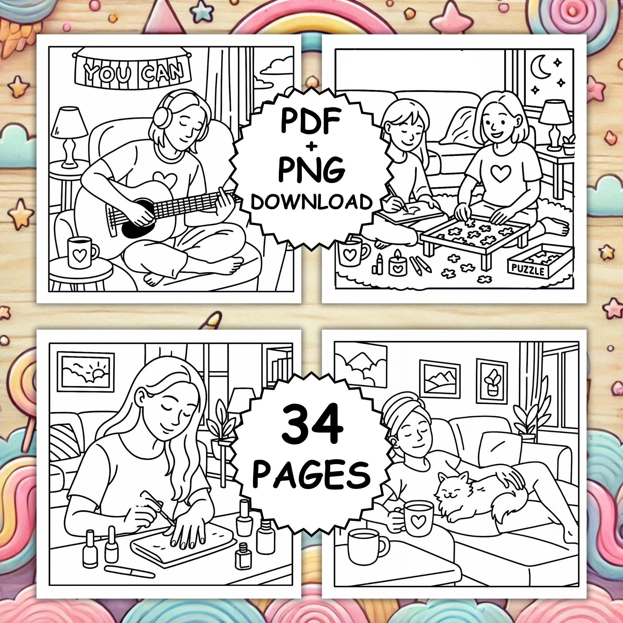Cozy Girl Coloring Book, Coco Wyo Style, Daily Moments (PNG + PDF) - Etsy