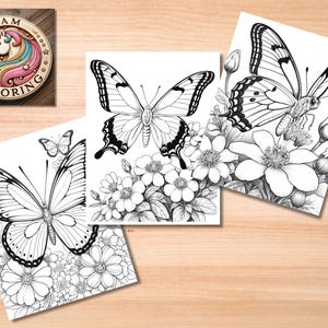 May include: Three black and white coloring pages featuring butterflies and flowers. The butterflies are detailed and realistic, with intricate wing patterns. The flowers are also detailed, with delicate petals and leaves.