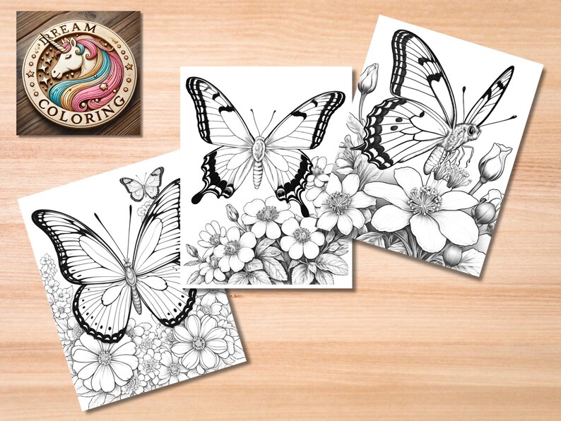 May include: Three black and white coloring pages featuring butterflies and flowers. The butterflies are detailed and realistic, with intricate wing patterns. The flowers are also detailed, with delicate petals and leaves.