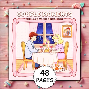 Könnte beinhalten: Ein Malbuch mit dem Titel "Couple Moments" mit einem rosa Rahmen. Die Cover-Illustration zeigt ein Paar bei einem Abendessen bei Kerzenschein. Das Buch hat 48 Seiten. Der Text "Cute & Cozy Coloring Book" steht ebenfalls auf dem Cover.