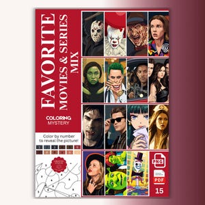 Può includere: Un libro da colorare digitale con numeri intitolato Favorite Movies & Series Mix. La copertina presenta una griglia di personaggi illustrati tratti da vari film e serie, tra cui icone horror, figure fantasy e personaggi animati, con una pagina di esempio.