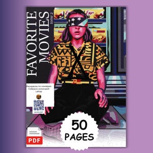 Può includere: Un libro da colorare digitale intitolato FAVORITE MOVIES tome 2 con un'illustrazione grafica di una persona con una benda, una camicia gialla a motivi e pantaloni neri. La copertina include un codice QR, un'icona PDF e 50 PAGES.