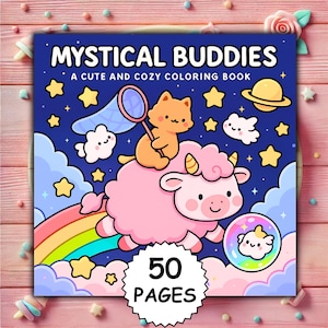 Mystical Buddies Bold & Easy Cute Cozy Coloring Book dla dorosłych i dzieci 50 stron do druku PDF + PNG Digital Procreate Fun