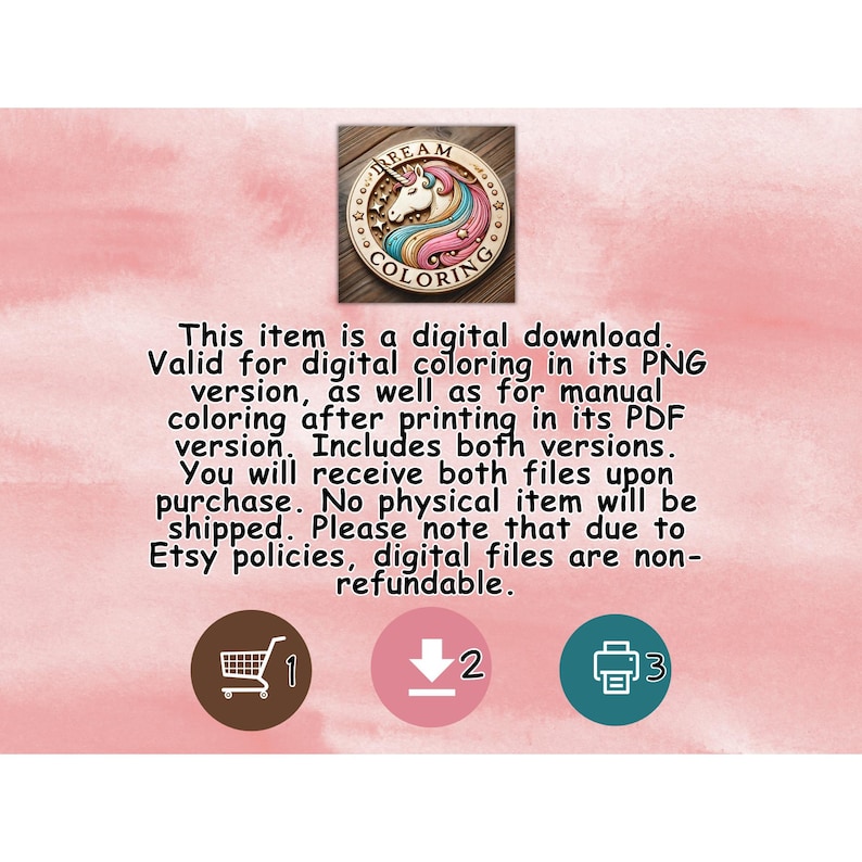 May include: A digital download image with a unicorn design. The image features a circular emblem with a unicorn, the word "DREAM" and "COLORING". The text below states the item is a digital download for coloring.