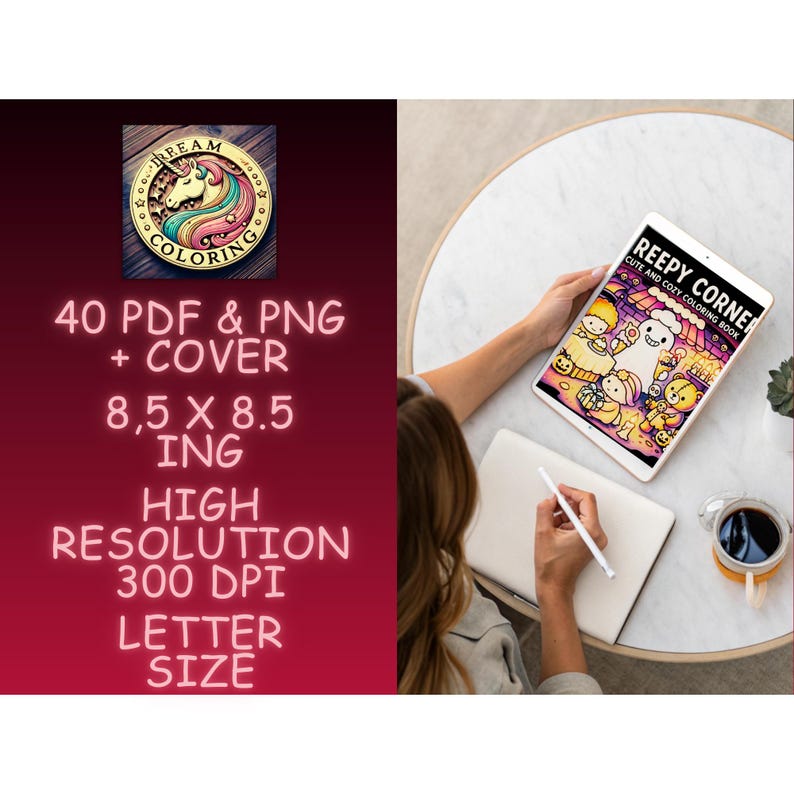 May include: A digital coloring book with the title "Reepy Corner" is displayed on a tablet. The image also shows a notebook, a pen, and a cup of coffee. The text on the left side says "Dream Coloring" and "40 PDF & PNG + COVER 8.5 X 8.5 ING HIGH RESOLUTION 300 DPI LETTER SIZE."