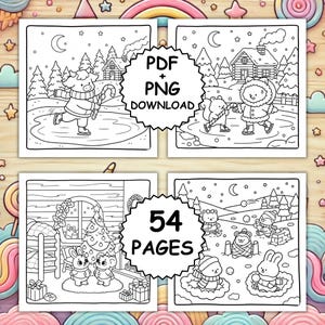 May include: Four square images of winter-themed coloring pages. Each page features cartoon animals ice skating, decorating a Christmas tree, and enjoying winter activities. The text "PDF + PNG DOWNLOAD" and "54 PAGES" are included.