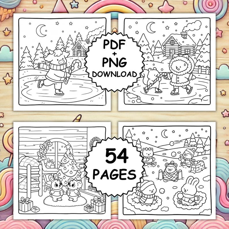 May include: Four square images of winter-themed coloring pages. Each page features cartoon animals ice skating, decorating a Christmas tree, and enjoying winter activities. The text "PDF + PNG DOWNLOAD" and "54 PAGES" are included.