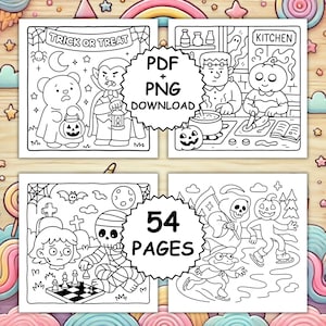 May include: Four black and white Halloween-themed coloring pages with the text "TRICK OR TREAT", "KITCHEN", "PDF + PNG DOWNLOAD", and "54 PAGES". The illustrations include a bear, vampire, Frankenstein, pumpkin, mummy, and Grim Reaper.