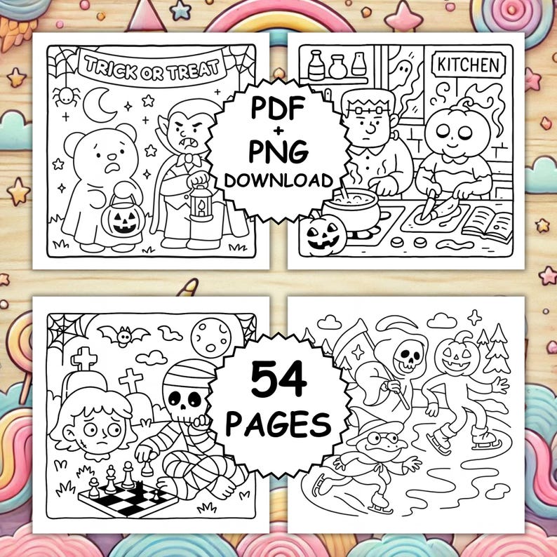May include: Four black and white Halloween-themed coloring pages with the text "TRICK OR TREAT", "KITCHEN", "PDF + PNG DOWNLOAD", and "54 PAGES". The illustrations include a bear, vampire, Frankenstein, pumpkin, mummy, and Grim Reaper.