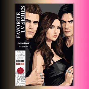 May include: A color-by-number book cover titled FAVORITE TV SERIES COLORING MYSTERY featuring a stylized illustration of three people with dark hair. The cover includes a color key with numbers 1, 2, k, m and a partial line art section at the bottom.