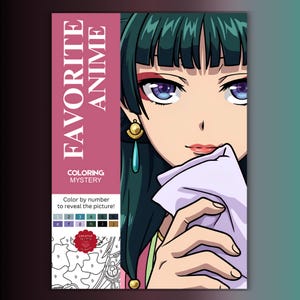Peut inclure: Un livre de coloriage par numéros intitulé FAVORITE ANIME COLORING MYSTERY. La couverture présente un personnage de style anime aux cheveux bleu sarcelle, aux yeux violets et aux boucles d'oreilles dorées, tenant un tissu violet clair.