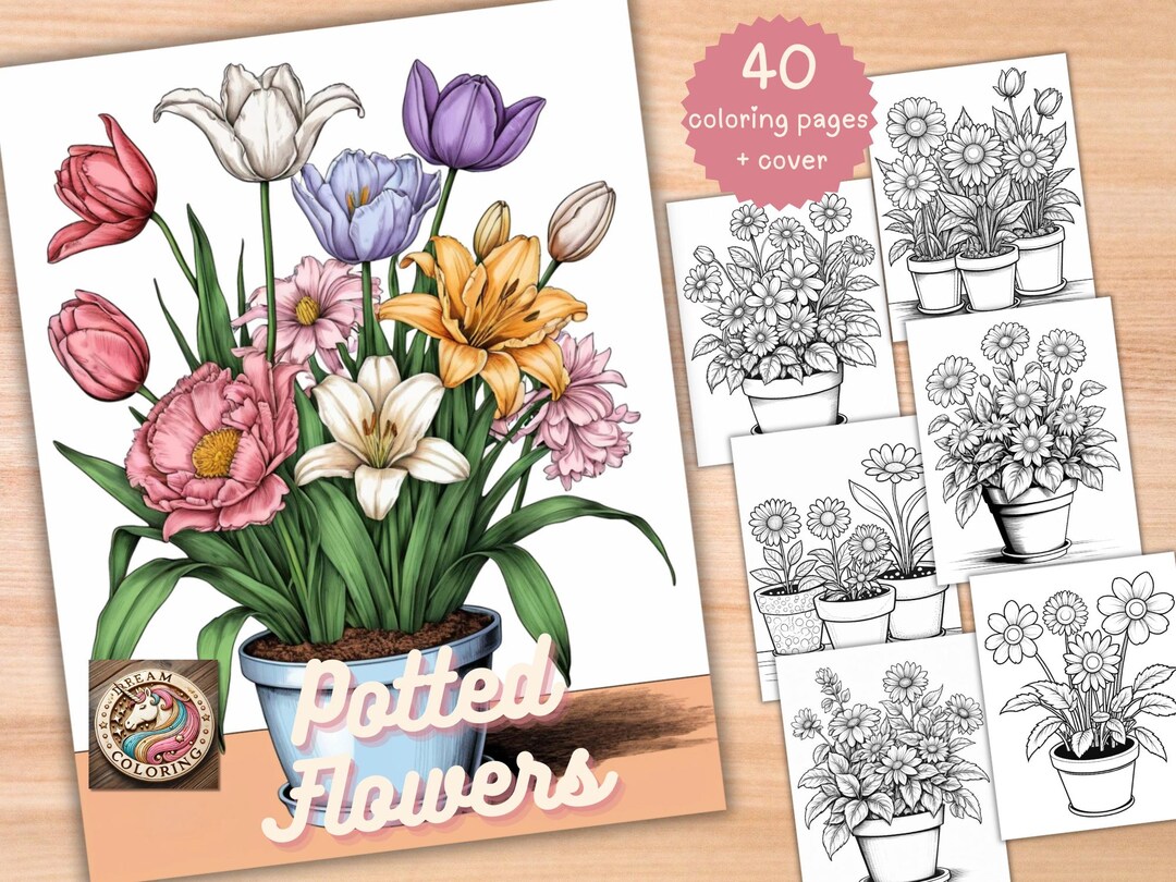 40 Potted Flowers Coloring Book, Printable PDF, Botanical Floral Plant ...