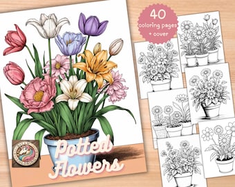 Libro da colorare con fiori in vaso: 40 pagine floreali in scala di grigi (PDF stampabile)