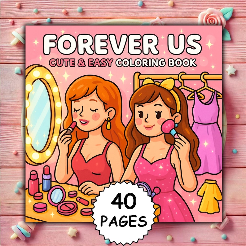 Op de afbeelding: Een kleurboek getiteld "Forever Us" met de ondertitel "Cute & Easy Coloring Book". De cover toont twee cartoonvrouwen die zich opmaken. Het boek heeft 40 pagina's en bevat afbeeldingen van jurken en make-up.