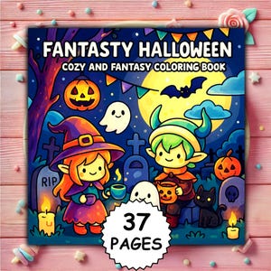 May include: A coloring book titled "Fantasy Halloween" with a cozy and fantasy theme. The cover features cartoon illustrations of a witch, elf, ghosts, pumpkins, and a black cat against a night sky with a full moon. The book has 37 pages.
