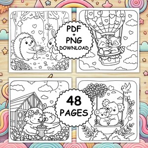 May include: Black and white line art coloring book pages featuring cute animals in romantic scenes. Includes a hedgehog proposing to a rabbit, raccoons in a hot air balloon, sheep drinking, and koalas on a swing. The text "PDF + PNG DOWNLOAD" and "48 PAGES" are included.