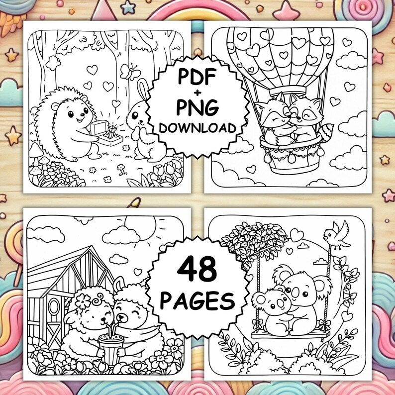 May include: Black and white line art coloring book pages featuring cute animals in romantic scenes. Includes a hedgehog proposing to a rabbit, raccoons in a hot air balloon, sheep drinking, and koalas on a swing. The text "PDF + PNG DOWNLOAD" and "48 PAGES" are included.