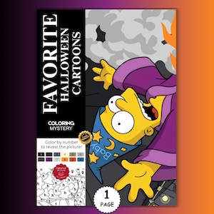 Könnte beinhalten: Ein Malen-nach-Zahlen-Arbeitsblatt mit dem Titel FAVORITE HALLOWEEN CARTOONS, das eine gelbe Zeichentrickfigur mit einem blauen Zaubererhut mit gelben Sternen und dem Wort Baby, einem violetten Umhang und orangefarbenen Flammen vor grauem Rauch zeigt.