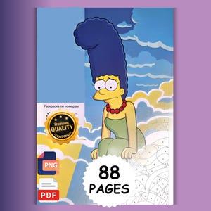 Puede incluir: Una portada de libro digital de colorear por números con un personaje de dibujos animados de pelo azul alto, vestido verde y collar rojo sobre un cielo azul con nubes. Incluye una insignia dorada, iconos PNG y PDF, y el texto 88 PAGES.