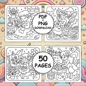 May include: A collection of four black and white coloring pages featuring fairies in various scenes. One page shows a fairy sitting on a stool, another shows a fairy on a frog, and the others show fairies painting and washing clothes. The text "PDF + PNG DOWNLOAD" and "50 PAGES" are included.