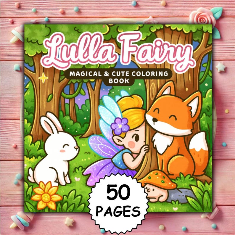 May include: A children's coloring book titled "Lulla Fairy" with a whimsical forest scene. The cover features a fairy, a fox, and a rabbit. The book has 50 pages and is designed for magical and cute coloring.