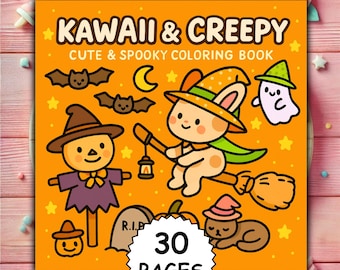 May include: An orange colouring book titled "KAWAII & CREEPY" with cute Halloween illustrations. The cover features a bunny riding a broom, a scarecrow, bats, and a ghost. The book has 30 pages.
