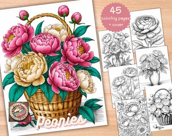 Peonies Coloring Book: 45 Grayscale Floral Pages (Printable PDF)