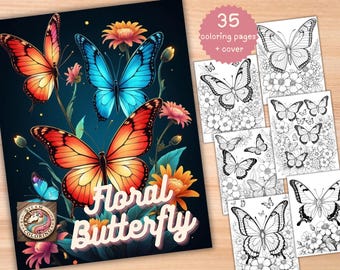 Floral Butterfly Coloring Book: 35 Grayscale Pages (PDF Pattern)