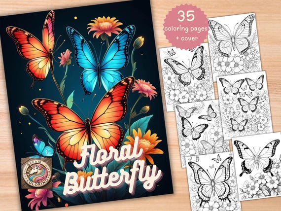 Floral Butterfly Coloring Book: 35 Grayscale Pages (PDF Pattern)