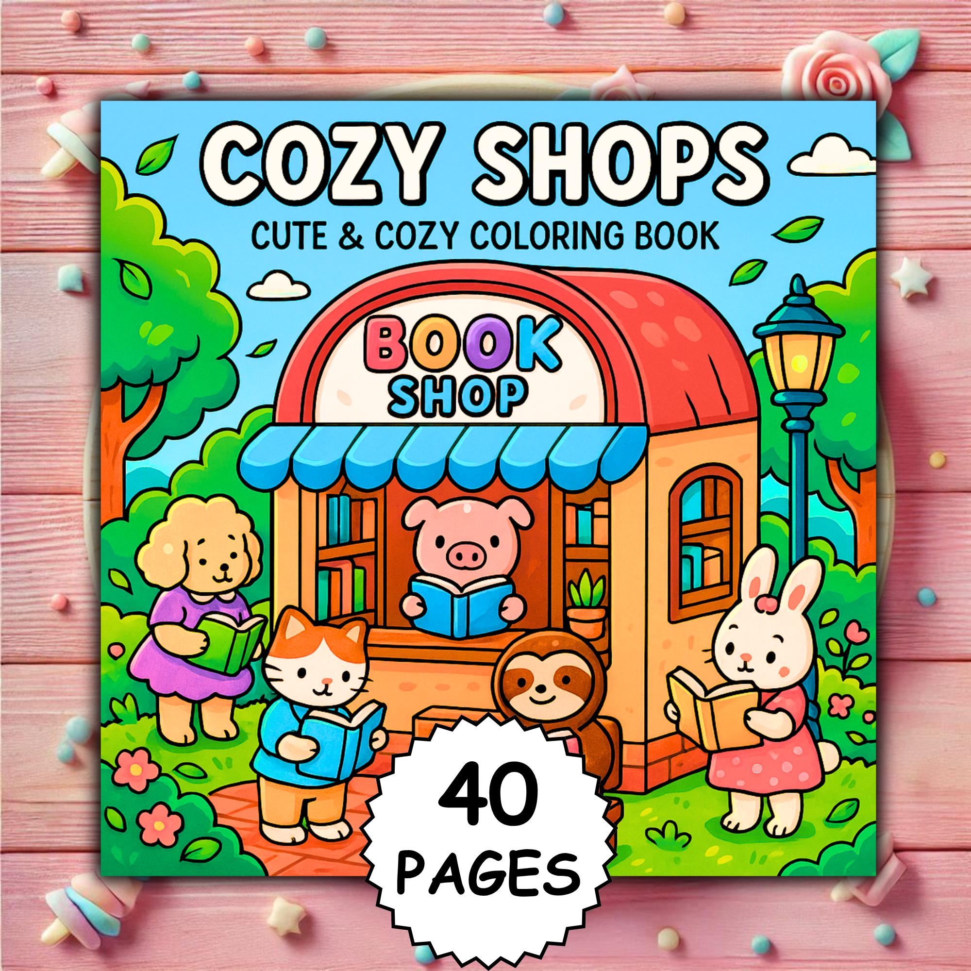 Libro para colorear Cozy Shops – 40 páginas lindas, audaces y fáciles para adultos y niños | PDF imprimible + PNG para Procreate | Tiendas kawaii y amigos acogedores inspirados por Coco Wyo
