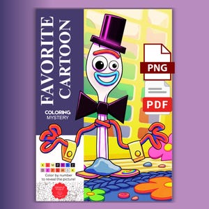 Puede incluir: Una página para colorear digital con un personaje de cuchara-tenedor blanco que lleva un sombrero de copa y una pajarita negros. El texto dice FAVORITE CARTOON COLORING MYSTERY. Incluye etiquetas PNG y PDF y una clave de color por números.