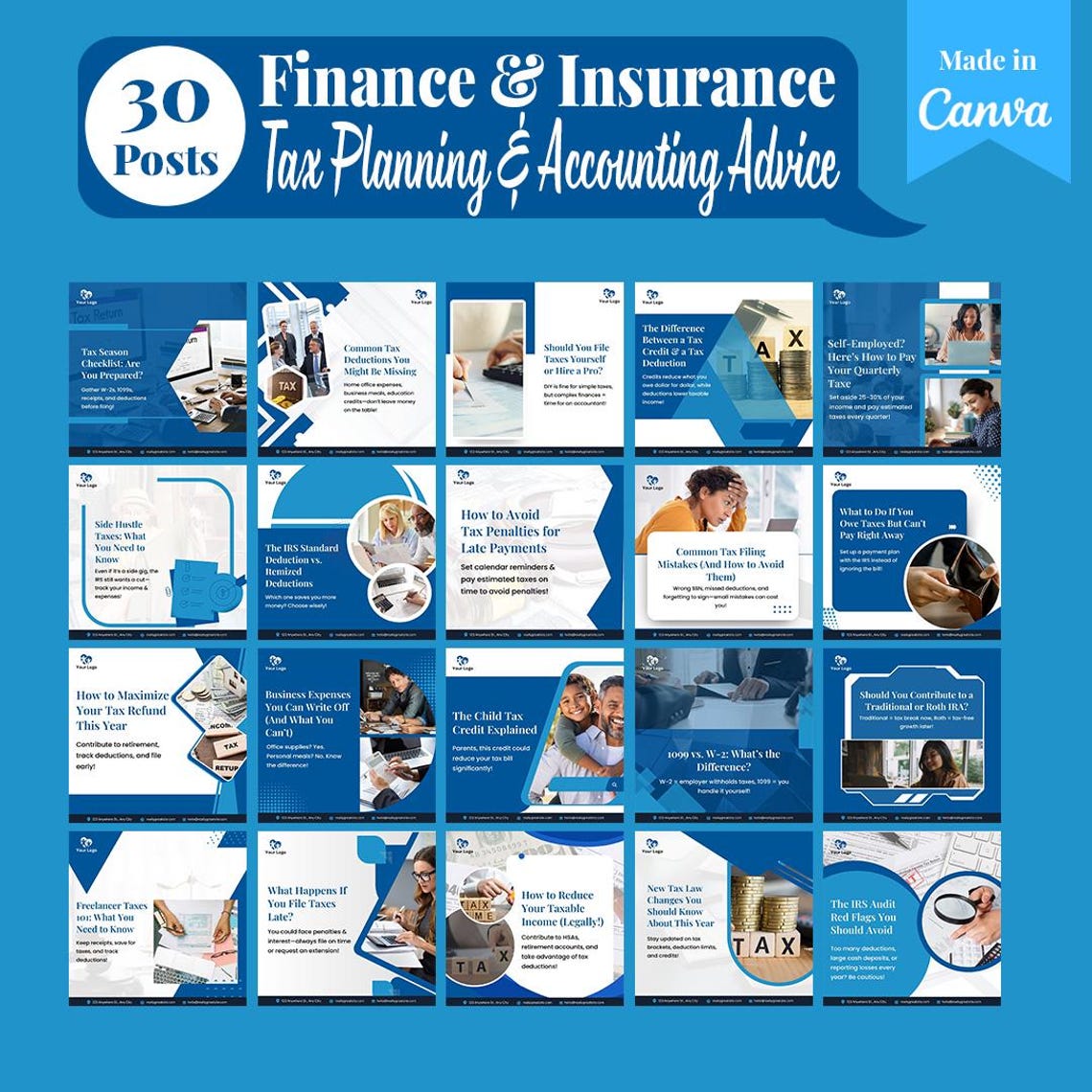 Finance & Insurance Instagram Template Pack: 250 Editable Canva Posts ...