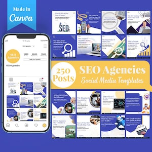 Puede incluir: Un collage de plantillas de publicaciones en redes sociales para agencias SEO. Las plantillas presentan una variedad de colores, incluyendo azul, amarillo y blanco. El texto en las plantillas incluye frases como "Agencias SEO", "250 publicaciones", "Plantillas de redes sociales" y "¿Qué es el SEO? ¿Por qué importa?"