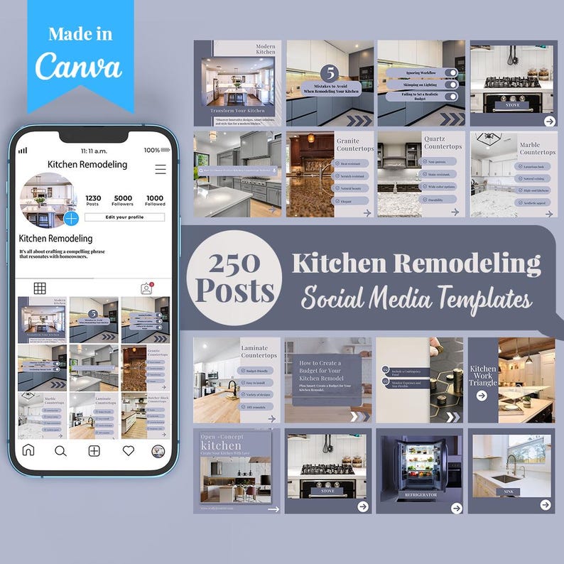 Kitchen Remodeling Social Media Template Pack: 250 Editable Canva Posts ...