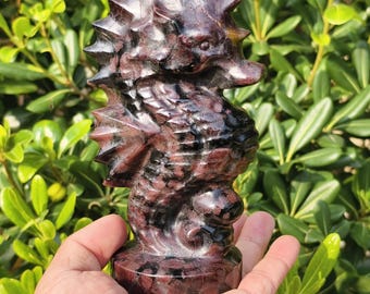 以下が含まれることがあります： 赤と黒の色合いの彫刻されたタツノオトシゴの置物。彫刻はテクスチャ加工された表面を持ち、緑の葉の背景に対して手で保持されています。タツノオトシゴは丸い台座の上に立っています。
