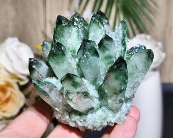 Green Ghost Quartz Crystal Cluster: Raw Garden Healing Specimen, Meditation Decor