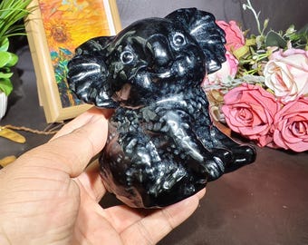 Hand Carved Obsidian Koala Sculpture, Gemstone Koala Figurine, Crystal Animal Carving