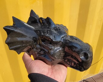 9'' Black Jade Dragon Head Skull Sculpture: Crystal Dragon Decor