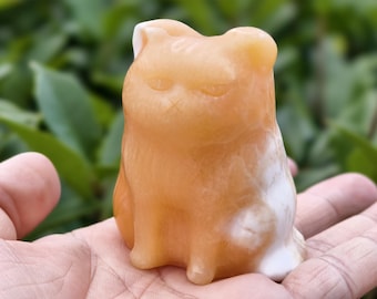 Hand Carved Yellow Calcite Cat Figurine: Chakra Healing Crystal