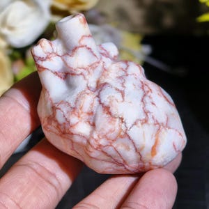 Puede incluir: Una escultura en forma de corazón de mármol blanco y rojo. La escultura tiene vetas rojas que recorren la piedra blanca, que se asemejan a un corazón humano. La escultura se sostiene en una mano.