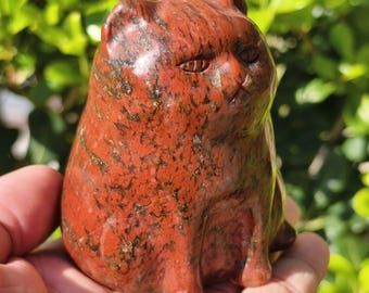 Hand Carved Red Obsidian Cat Figurine: Chakra Healing Crystal Cat