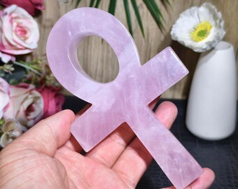 Rose Quartz Ankh Cross: Handcrafted Egyptian Healing Crystal Figurine