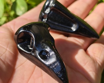 Hand Carved Black Obsidian Raven Head Skull Figurine: Healing Crystal Decor